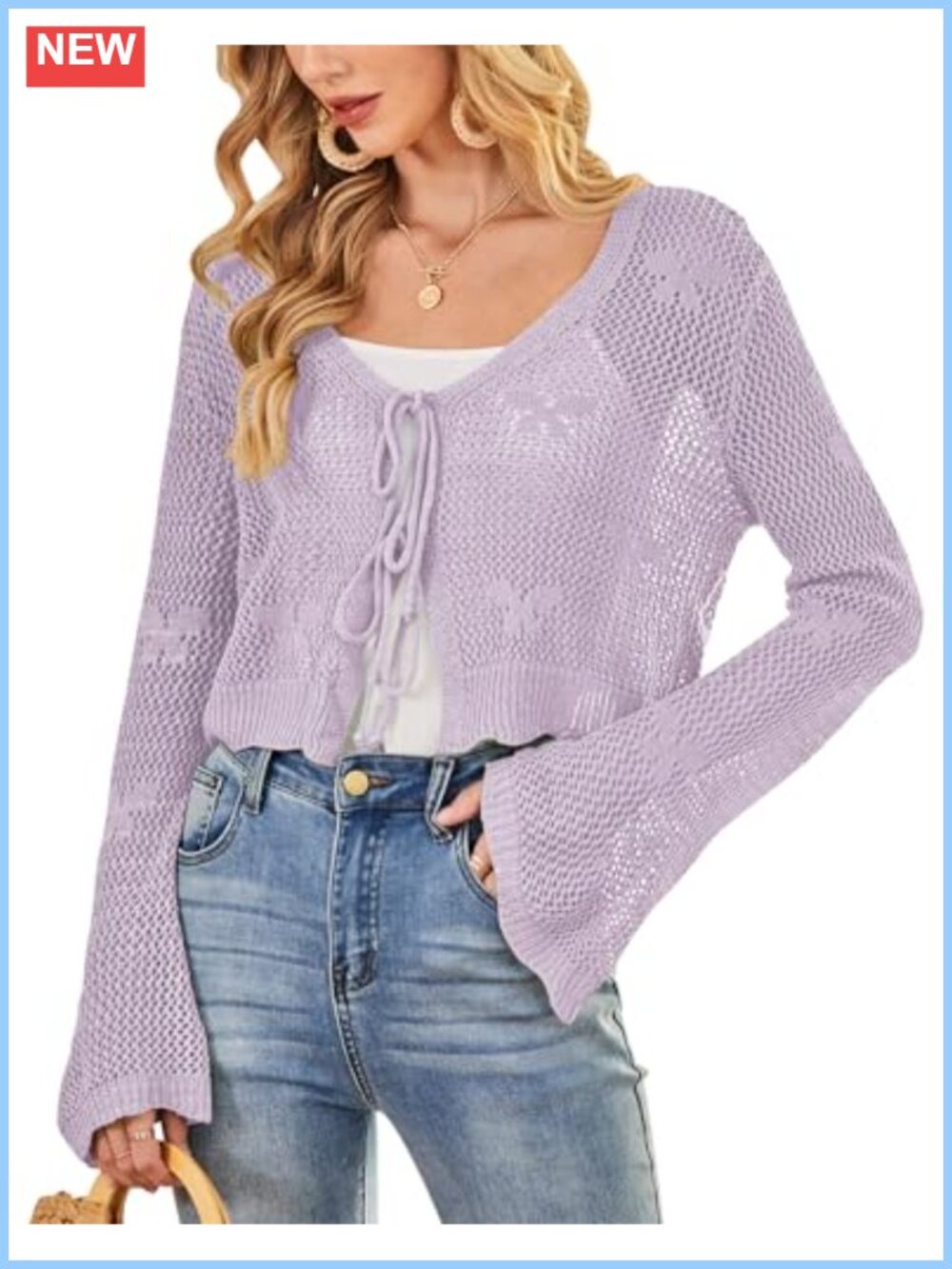 Crochet Cardigan Tie Front Bell Sleeve Open Knit Sweater